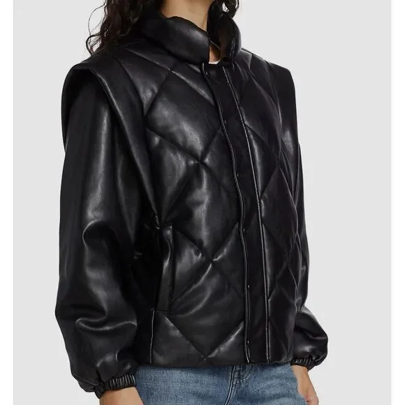 $249 Pistola Women's Black Callista Quilted Faux-Leather Jacket Coat Size M - Picture 2 of 4